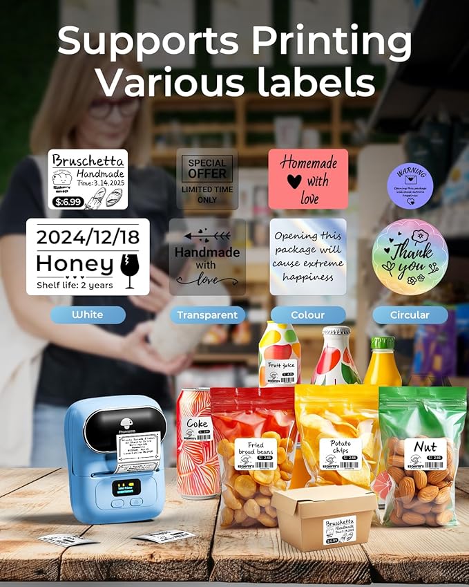 Phomemo Label Maker with 3 Labels- M110 Portable Bluetooth Label Maker Machine for Small Business, Barcode, Address, Logo, Clothing, Jerwery, Compatible with iOS & Android, Blue