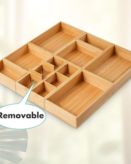 Fabsome Drawer Organizer, Set of 9 Bamboo Wood Kitchen Makeup Desk Junk Tea Drawer Storage Boxes Bins for Cutlery Silverware Utensils Flatware, Small Wooden Container Tray for Bathroom, Office