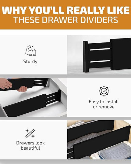 6 Pack Drawer Dividers 6 Inch High, 11”-17" Adjustable Bamboo Organizers Large Expandable Drawer Separators for Cloths, Dresser, Bedroom, Bathroom, Baby Drawer, Office & Kitchen Utensils (Black)