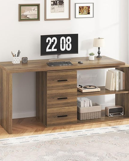 HSH 360 Rotating L Shaped Desk with Drawers, L Shape Computer Desk with Storage Cabinet Shelves, Rustic Home Office Desk for Executive Writing Study Work, Wood Table Swivel Desk, Rustic Oak, 55 Inch