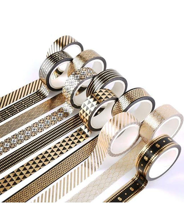 YUBBAEX 10 Rolls Washi Tape Set Black Gold Foil Print Decorative Tapes for Arts, DIY Crafts, Bullet Journals, Planners, Scrapbook, Wrapping (15mm) (Black Gold x 10 Rolls)