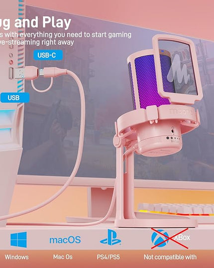 MAONO Gaming Microphone with Noise Cancellation, USB Condenser Mic for Streaming, Podcast, Twitch, YouTube, Discord, PC Desktop Computer Mic for PS5, GamerWave DGM20 Pink