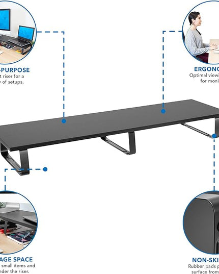 Mount-It! 39" Extra Long Dual Monitor Stand Riser – Ergonomic Desk Organizer for 2 Monitors, Laptop, TV, or Printer – Heavy-Duty Steel & Wood Desktop Shelf with Storage – Supports 44 Lbs – Black