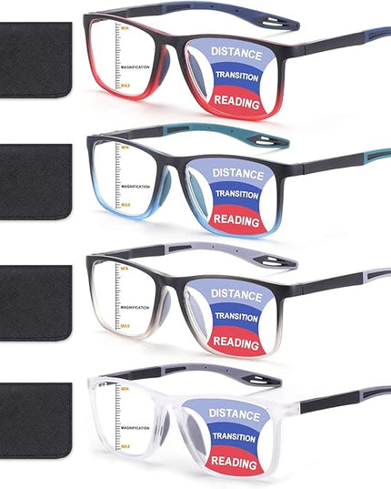 BLOEXCLU 4 Pack Progressive Multifocus Reading Glasses for Men Women TR90 Sports Style Anti-Blue Light Computer Readers