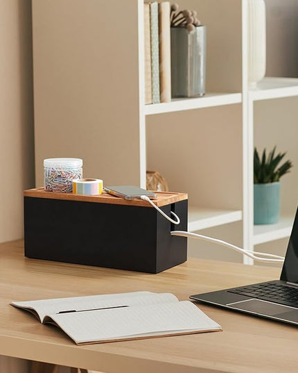 Wood Cable Management Box - Cable Organizer Box - 2 Open Slots Cords Hider Box - Under Desk Cord Organizer for Power Strip Extension Cord Surge Protector Charger Wire, Black