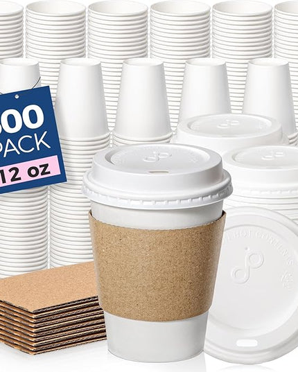 Fit Meal Prep 500 Pack 12 oz Disposable Coffee Cups with Lids, Sleeves, Leak-Proof To Go Coffee Cups with Lids, Durable Hot Paper Cups for Hot Cocoa and Coffee Bar Supplies