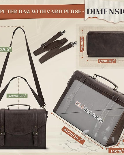 RAINSMORE Flap Messenger Bag for Men Vintage PU Leather Laptop Bag 15.6 Inch Retro Briefcase with Wallet Satchel Computer Bag