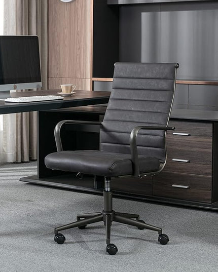 Okeysen Leather Office Desk Chair, Ergonomic Mid Century Modern Conference Room Chairs, Executive Ribbed Height Adjustable Swivel Rolling Chair for Home Office.