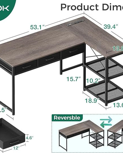 AODK 53 Inch L Shaped Computer Desk with Drawers, Corner Desk with Power Outlets & Reversible Storage Shelves, for Home Office Gaming, Oak Grey