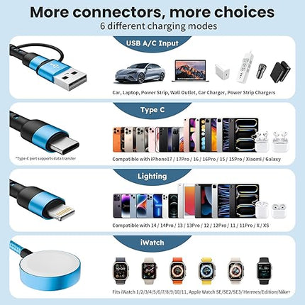 Stocking Stuffers, 3 in 2 USB A/C Cable to iPhone 17 Charger/Apple Watch Charger/Lightning, Braided Multi Charging Cable Cord, RV Camping Essentials, Designed for iWatch Series & iPhone17-11/iPad-5FT
