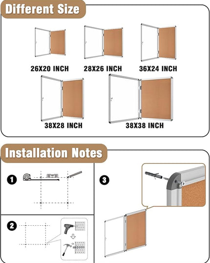 Mifuro 28"x26" Enclosed Bulletin Board, Lockable Weather-Resistant Aluminum Cork Noticeboard for School & Office, Silver Frame w/Cork