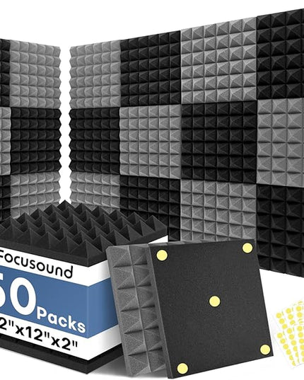 Focusound Black Grey Acoustic Panels 50 Pack 2"x12"x12" with 300 PCS Double-Side Adhesive - Sound Proof Pyramid Foam for Walls, Home Studio Noise Absorption & Echo Control Kit