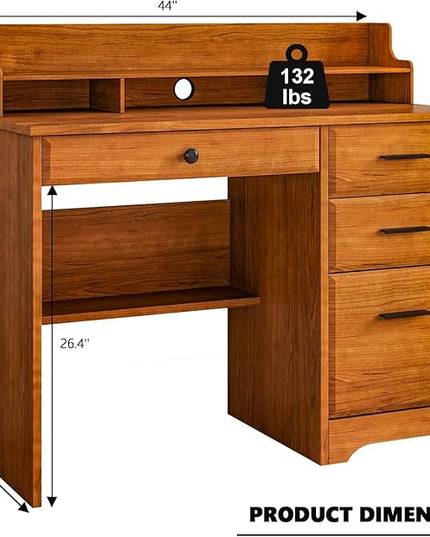 4 EVER WINNER Computer Desk with Drawers for Small Spaces, Wood Desk with File Cabinet & Monitor Stand, Office Desks Writing Study Table for Bedroom, Brown