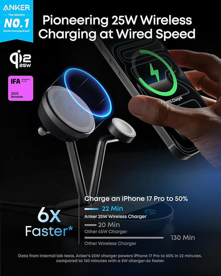 Anker Prime MagSafe Charger Compatible, 3-in-1 Charging Station, Qi2 25W Certified Wireless Charger Dock Stand, Smart Display with TEC Active Cooling, for iPhone 17, Apple Watch, AirPods, and More