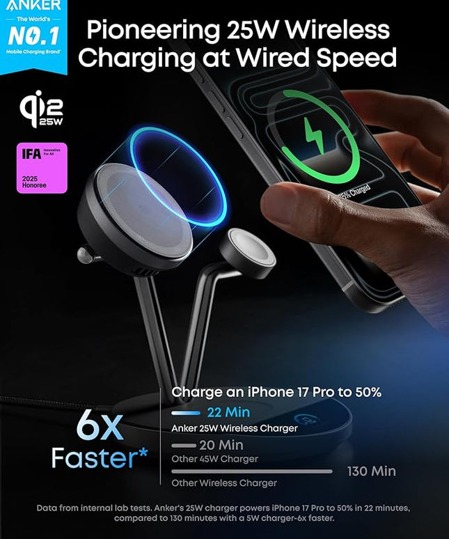 Anker Prime MagSafe Charger Compatible, 3-in-1 Charging Station, Qi2 25W Certified Wireless Charger Dock Stand, Smart Display with TEC Active Cooling, for iPhone 17, Apple Watch, AirPods, and More
