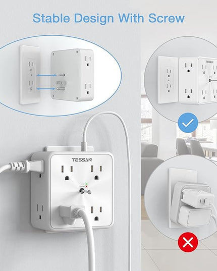 Surge Protector 8 Outlet Extender, TESSAN Multi Outlet Splitter with 3 USB Wall Charger (1 USB C), 3-Sided Multiple Plug Power Strip 1700J, Charging Station for Home Office Dorm Room Essentials