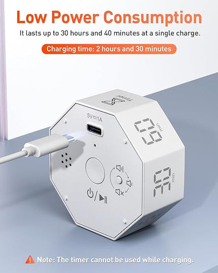 Secura Pomodoro Timer, Rotating Cube Time Tracker, Flip Gravity Sensor with 7 Presets(1/3/5/10/15/30/60 Minutes), Visual Progress Bar for ADHD, Kids, Tasks, Work, Study (White)