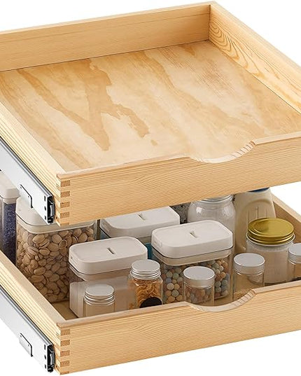 Menkxi 2 Set Pull out Tray Cabinet Organizer Wooden Pull Drawers storage Slide out Pantry Shelf for Base Cabinet Kitchen Gentle Close Fully Assembled Accessories(Wood Color,21'' X 21'' X 3'')