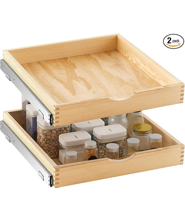 Menkxi 2 Set Pull out Tray Cabinet Organizer Wooden Pull Drawers storage Slide out Pantry Shelf for Base Cabinet Kitchen Gentle Close Fully Assembled Accessories(Wood Color,21'' X 21'' X 3'')