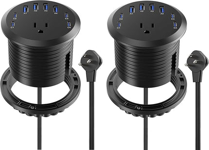 Jgstkcity 65W USB-C Hidden Desktop Power Grommet: 1 AC Outlet,8 USB Charging Ports,3'' Hole Flush Mount Pop-Up Power for Conference Tables & Nightstands (Black, 6 FT - 2PCS)