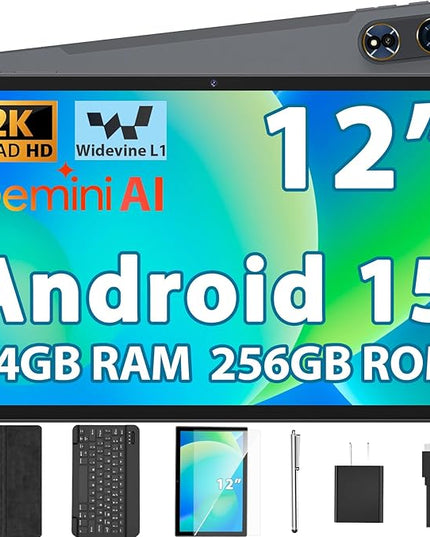 2026 12 Inch Tablet, Android 15 Tablet with Keyboard - 24GB RAM, 256GB ROM, 2TB Expand, 2000x1200 Screen, Octa-Core, 8+16MP Camera, 8000mAh, 5G Wifi, 2K Tablet with Case, Stylus, Mouse (Black Case)