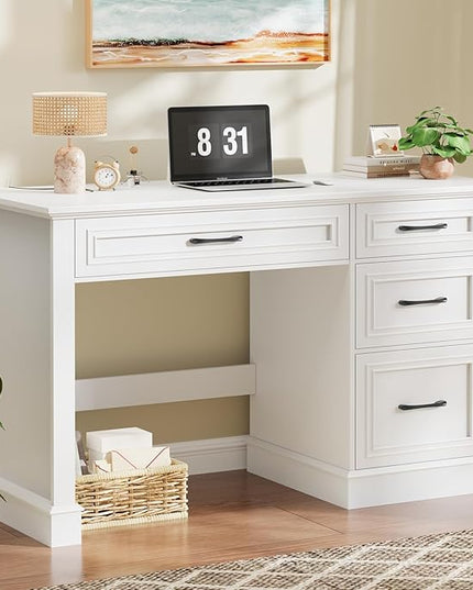 Vabches Farmhouse 47" Executive Desk with File Drawer, Computer Desk with 4 Drawers, Workstation for Study, Home Office, Writing, Cream White