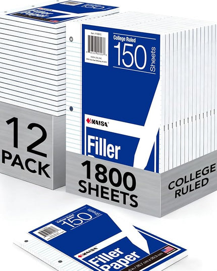 Kaisa Filler Paper Notebook Paper College Ruled 8"x10.5" Loose Leaf Paper for 3-Ring Binders 150 Sheet/pack,12pack (Total 1800 Sheets)