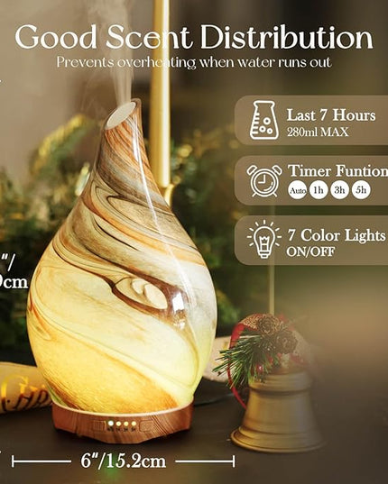 Porseme 280ml Glass Essential Oil Diffuser Aromatherapy Ultrasonic Cool Mist Humidifier 7 Running Hours Waterless Auto-Off Air Diffusers for Sleeping, Yoga, Office Working, Spa and Rest (Deep Desert)