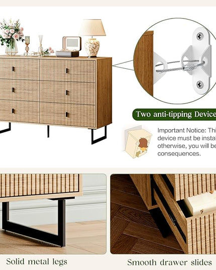 Chrangmay Modern Chest of Drawers with 6 Drawers,Deep Drawers,Clothes Organizer,Large Storage Cabinet for Living Room, Bedroom,Hallway,with Anti-Tipping Device,Wood