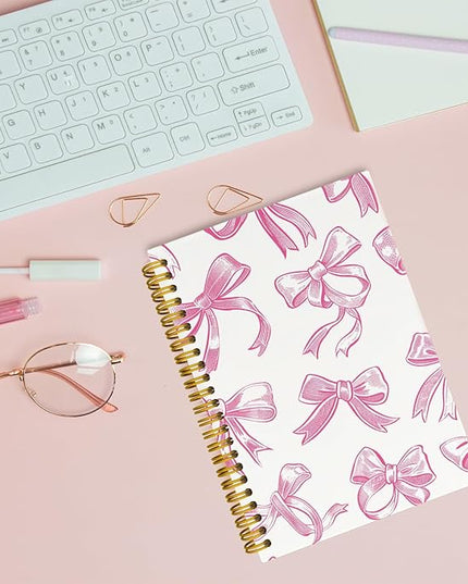 JKMBN Trendy Coquette Pink Bow Jonrnaling Notebooks, Aesthetic Spiral Notebook for Girls, Preppy Pink Journal Notebook, Pink Office Supplies, Hardcover Spiral Notebooks College Ruled 5.5 x 8.3