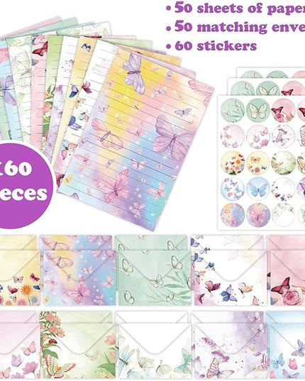 160 Pcs Stationery Paper Envelopes Set Includes 50 Lined Writing Paper & 50 Envelopes with 60 Colorful Round Dot Stickers, Cute Vintage Butterfly Letter Writing and Stationery Paper Envelopes(10Style)