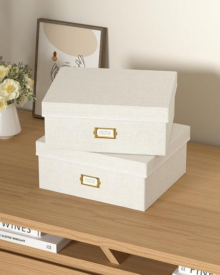 Decorative Photo Storage Box - 2 Pack Linen Photo Box Organizer with Dividers, Fits Holds Up to 1700 Pictures and 4x6 Photos, Memory Keepsake Organizer for Scrapbook Supplies, Cards, Stamps (Beige)