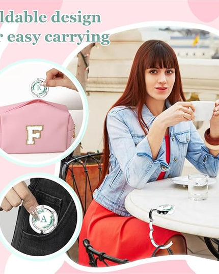 XSUIOY 3Pcs Personalized Initial Foldable Purse Hook for Table,Crushed Flower Letters Folding Purse Hanger,Purse Holder Handbag Hanger Collection Desk Table Bag Hooks Gifts for Women Bag(Green-B)