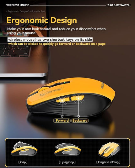 Wireless Mouse (Bluetooth & 2.4GHz USB) with Forward/Backward Side Keys, Silent Click, Ergonomic Portable AA Battery Mice for Laptop/Mac/iPad - Office & Travel Use, Yellow & Black