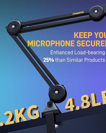 MAONO Microphone Boom Arm: Heavy Duty Adjustable Metal Suspension mic stand with Upgraded Desk Clamp and 3/8" to 5/8" Screw Adapter for Podcasting Recording Streaming Gaming - BA37