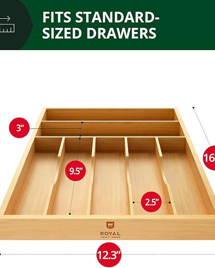 ROYAL CRAFT WOOD Luxury Bamboo Utensil Rack and Silverware Organizer, Kitchen Drawer Organizer - Utensil Holder and Cutlery Tray with Grooved Drawer Dividers for Flatware 7 Slot, Natural