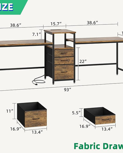 GYIIYUO 93'' Two Person Desk with Charging Station, Long Desk with 3 Fabric Drawers and Printer Shelf, Double Computer Desk, 2 Person Writing Study Table Workstation for Home Office, Rustic Brown