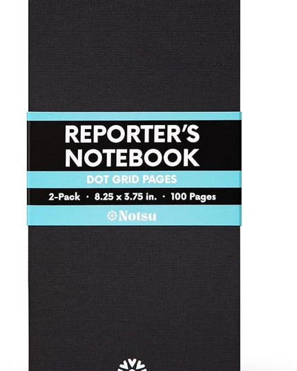 Notsu Dotted Reporter's Notebooks 2-Pack | Black Pocket Spiral Reporter Notepads for Journalist, Police, Detective, Field Note Taking | 100 Pages of 120 gsm Thick Paper, 3.75" x 8.25"