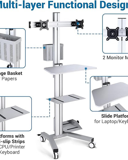 Yescom Mobile Computer Cart Rolling PC Stand Desk Workstation Dual Monitor Mount with Wheels Adjustable Keyboard Tray CPU Printer Holder for Hospital Clinic School Office Silver