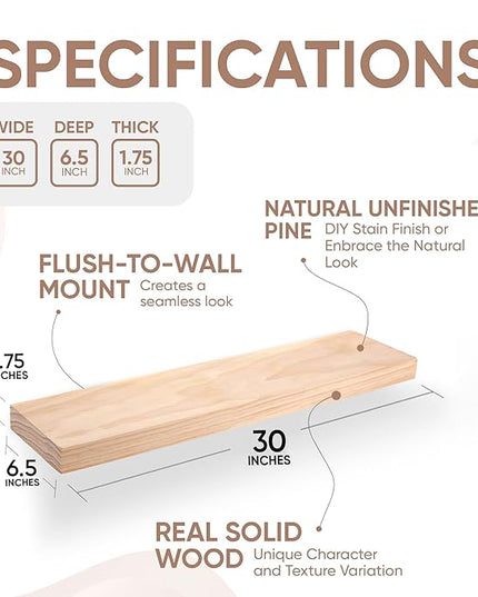 Homeforia 30 inch Wood Floating Shelves, High End Solid Natural Wood 30inch Floating Shelf for Wall, Unfinished Wooden 30 inches Floating Shelves, Heavy Duty Bracket, 30 X 6.5 X 1.75 in, Set of 2