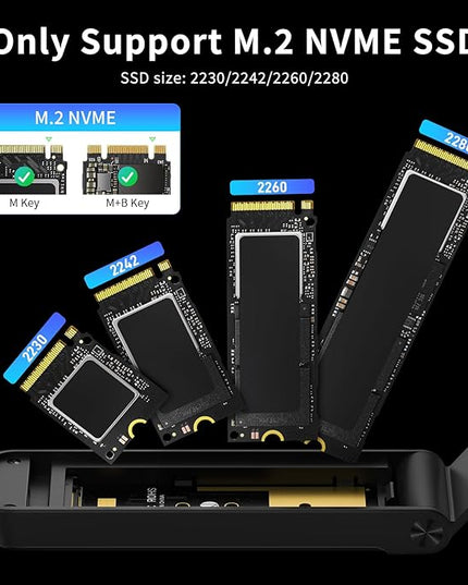 FIDECO M.2 NVMe SSD Enclosure, M.2 NVMe to USB Adapter, USB 3.2 Gen 2 (10Gbps) SSD Reader for M & M+B Key, Sandwich Style Design, Tool-Free Installation, Support UASP and Trim