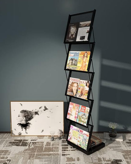 brochure display stand&Foldable Magazine Rack with 5 Pockets for Exhibition and Trade Show (17.7'X14.5'X63')