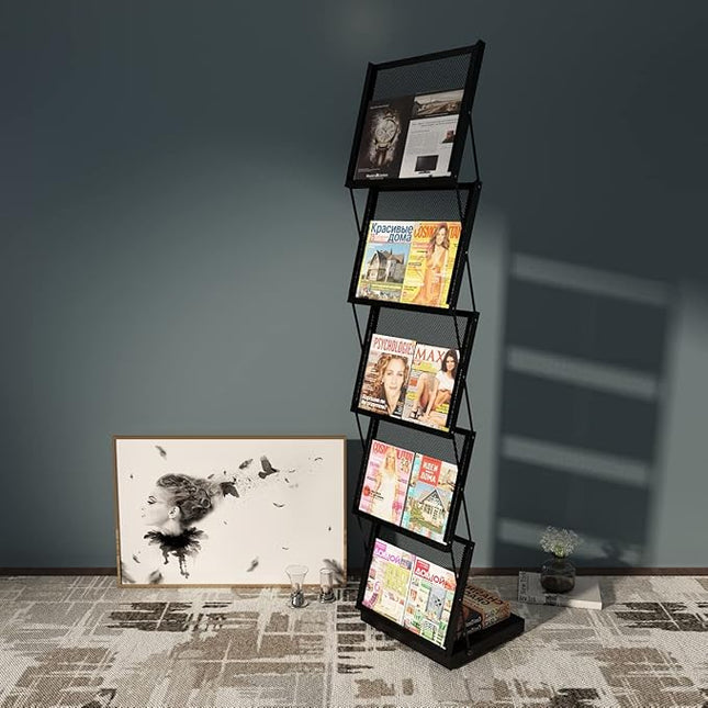 brochure display stand&Foldable Magazine Rack with 5 Pockets for Exhibition and Trade Show (17.7'X14.5'X63')