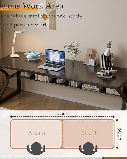 Extra Long Desk with Bookshelf - 71" Double Long Writing Table for 2-Person Workstation, Modern Study Work Computer Desk for Home and Office, Black
