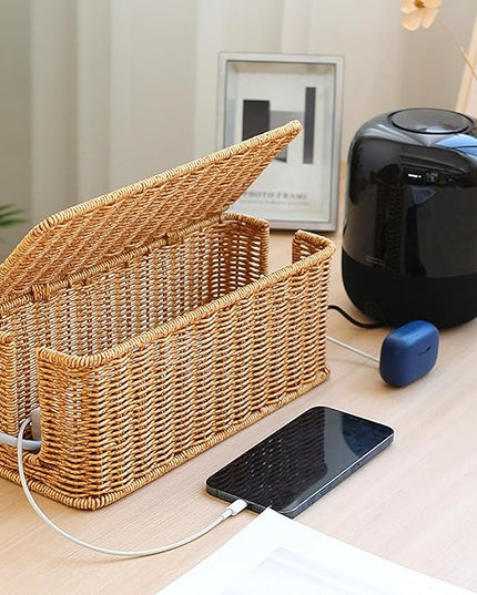 Cable Management Box, Handmade Woven Cable Organizer Cords Hider with Locked Cover Desk Cord Organizer Management for TV, Computer, Router, USB Hub to Hide Cords & Power Strip.