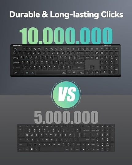 TECKNET Bluetooth Keyboard Rechargeable, 4-Device (2.4G+BT) Wireless Keyboard, Full Size Computer Keyboard with Stand, Ultra-Slim Quiet Typing, for PC/Laptop/Smart TV/Phone/Tablet, 12 Hotkeys