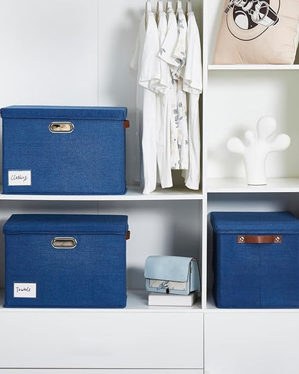 17" Large Collapsible Storage Bins with Lids, Stackable Closet Organizers with PU Handle and Labels, 3-Pack Decorative Fabric Storage Boxes for Home, Bedroom, Closet, Office, Nursery(Navy)