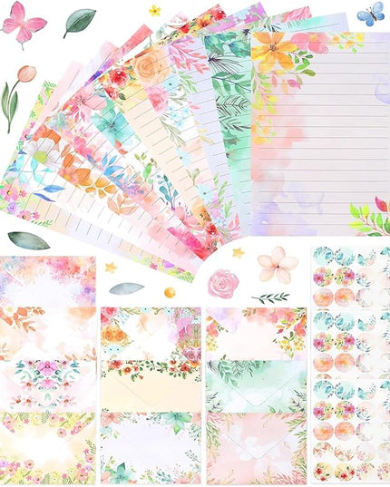 160 Pcs Stationery Paper Envelopes Set Includes 50 Lined Writing Paper & 50 Envelopes with 60 Colorful Round Dot Stickers, Cute Vintage Floral Letter Writing and Stationery Paper Envelopes(10Style)