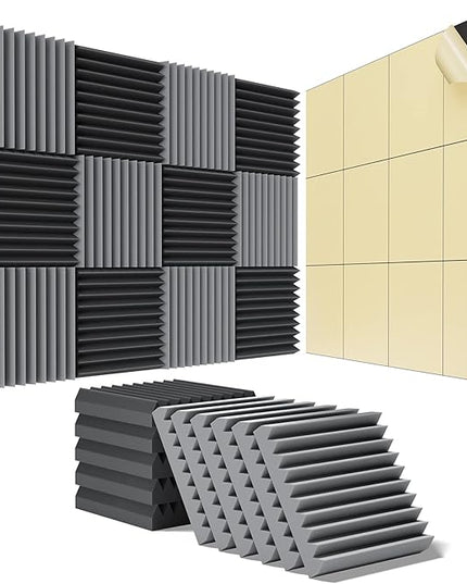 24 Pack Self-Adhesive Acoustic Panels - 2"X 12"X 12"Wall Panels - Quick-Recovery and High Density Sound Panels - Sound proof Acoustic Foam for Home Studio - Black and Gray