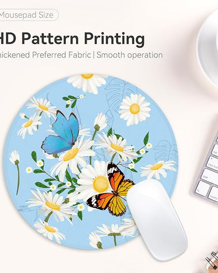 Butterfly and Flowers Round Mouse Pad,Non-Slip Rubber Base Desk Accessory,8.7 Inch Round
